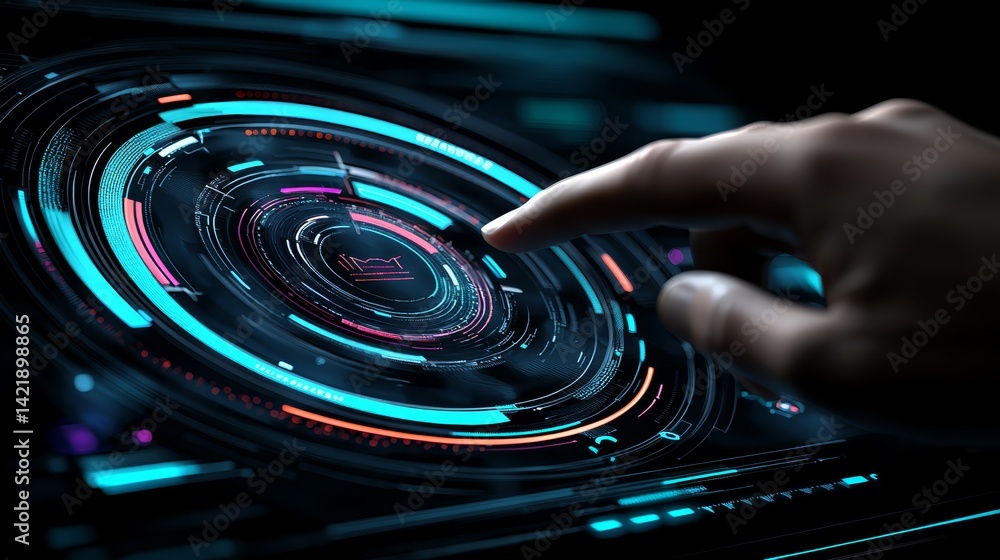 Poster closeup of person hand interacting with laptop keyboard pressing button on device