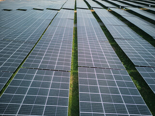 Solar panel at at the solar farm. Renewable energy. Clean Sustainable Energy . Aerial drone shot