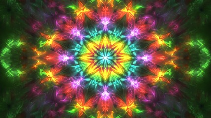 Vibrant kaleidoscopic mandala design featuring glowing colors.