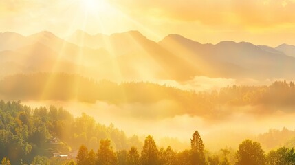 Fototapeta premium Majestic mountain range panorama sunbeams piercing through the clouds sun