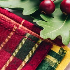 Close-up of an autumn composition including several folded checkered napkins in red, yellow, and green tones, placed on a light wooden surface. Two red acorns with green leaves lie on top