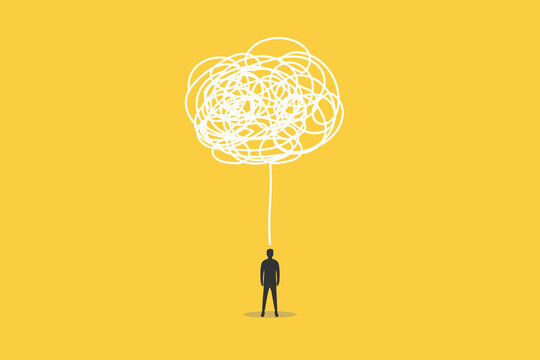 Businessman employee with anxiety busy line over his head. concept of Stress at work, exhausted from overworked and too many problems or frustrated and paranoia office worker