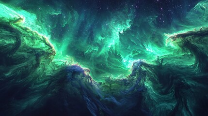 Obraz premium Surreal nebula in the cosmos illuminated by radiant highlights and ghostly auroras capturing the essence of dreamlike beauty and wonder