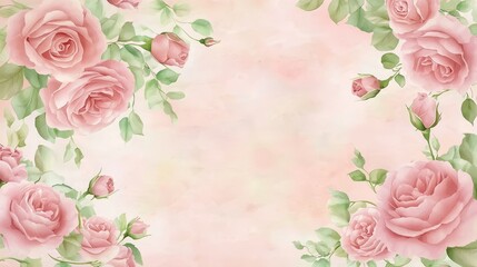 Elegant pink rose floral background with lush green leaves for romantic designs