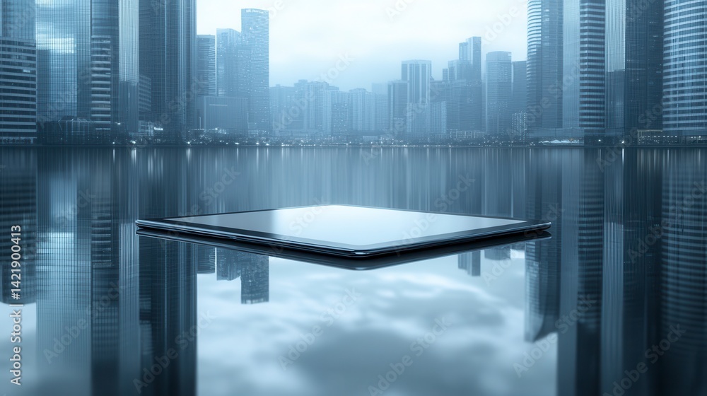 Poster empty platform floats on calm water with a city skyline reflected in the background.
