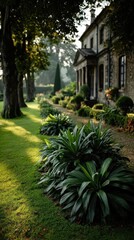 Obraz premium Elegant garden path leads to historic house