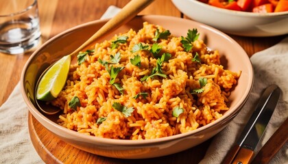 Bowl Of Mexican Rice With Lime And Parsley On Wooden Table