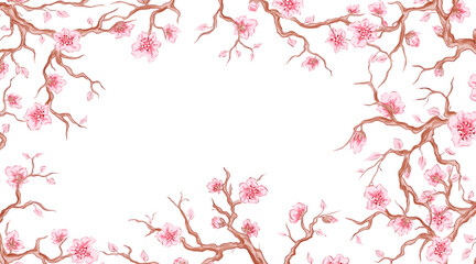 Pink cherry blossom border. Frame from sakura branches with flowers.