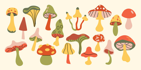 A vibrant collection of whimsical mushrooms in varied shapes and colors