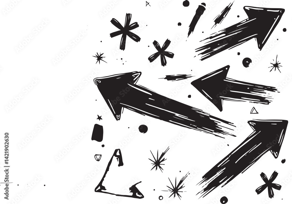 Poster arrow brush line chalk sketch texture brush vector set. crayon marker scribble sketch stroke arrow e
