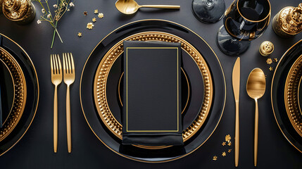 Elegant festive table setting in black and golden with blank card for a restaurant or wedding. Menu invitation mockup. Top view