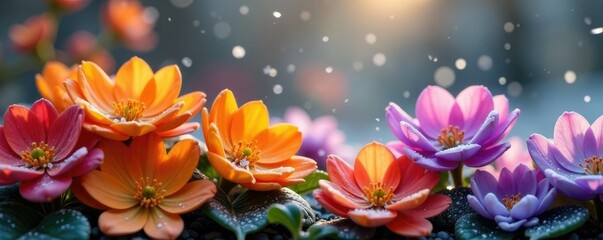 Fototapeta premium Snowflakes gently falling onto an arrangement of orange and purple flowers, spring, blossoming