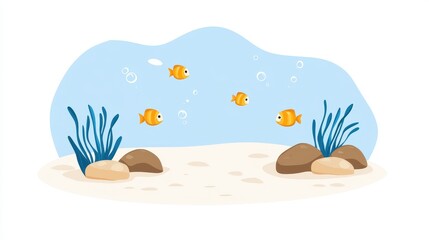 A vibrant underwater scene featuring playful fish swimming among seaweed and pebbles, creating a serene oceanic atmosphere.
