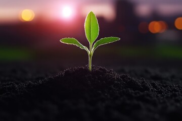 New life emerging from the earth.  A young plant sprouts from rich soil, bathed in warm sunset light