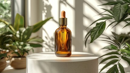 Amber serum bottle on pedestal, sunlight, plants