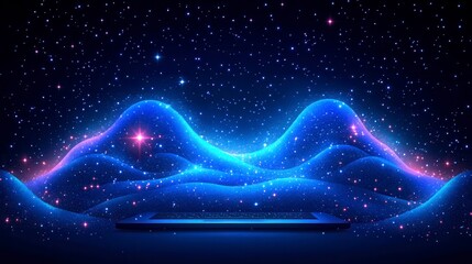 Glowing blue hills against a dark, starry night sky. A dark rectangular platform sits in the foreground.