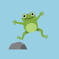 Obraz premium Green frog jumping over rock simple vector illustration with blue background cheerful nature scene 