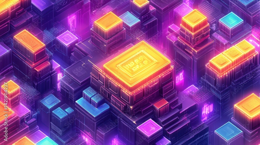 Poster abstract digital art depicting a glowing central processor unit surrounded by smaller components in 