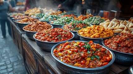 Obraz premium Outdoor food stalls offering diverse Indian dishes.