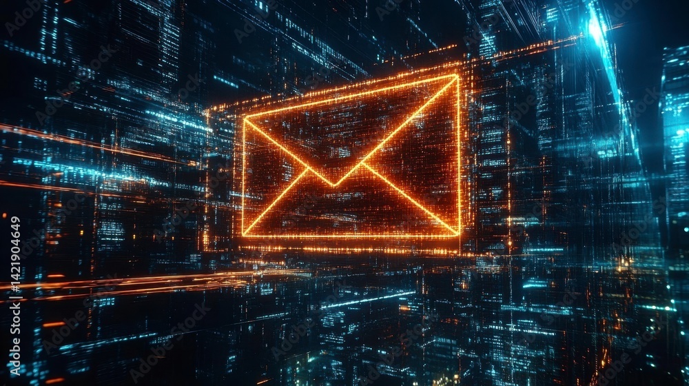 Aufkleber glowing digital email symbol in a futuristic, abstract cityscape. intricate details and dynamic ligh