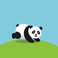 Obraz premium Panda walking on green hill under blue sky in simple cartoon style vector illustration 