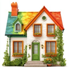 Obraz premium Charming Colorful House Illustration with Green Door and Lush Greenery