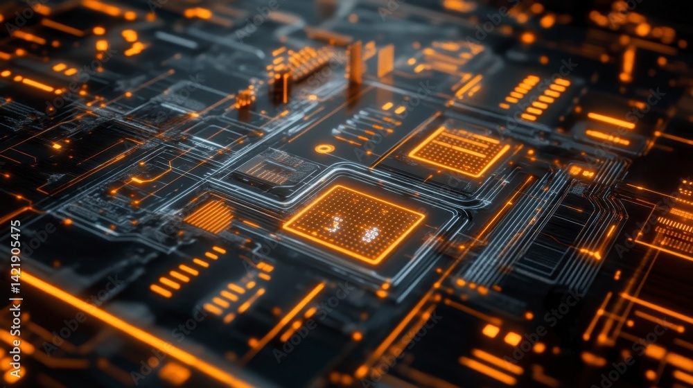 Poster close up view of a circuit board with glowing orange and white components. complex network of pathwa