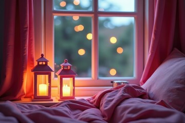 Pink lanterns create a warm and cozy ambiance on the window sill, bedside table, pink lanterns, gentle