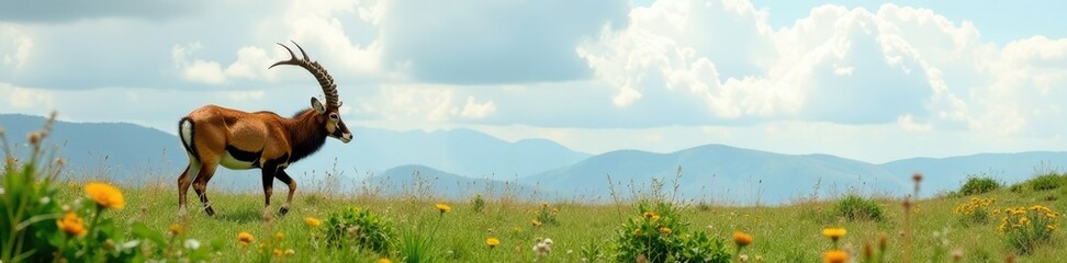 Fototapeta premium Ibex grazing below cloudy sky amidst lush greenery and wildflowers, peaceful, landscape
