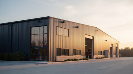 Obraz premium Modern industrial building metal structure large windows sunset lighting exterior view commercial space urban setting warehouse design