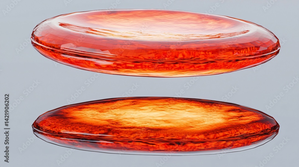Poster striking red glass object elegantly floating in water surrounded by a dreamlike atmosphere and capti