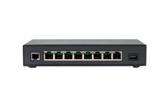 Network switch with ethernet ports for data connectivity on transparent background