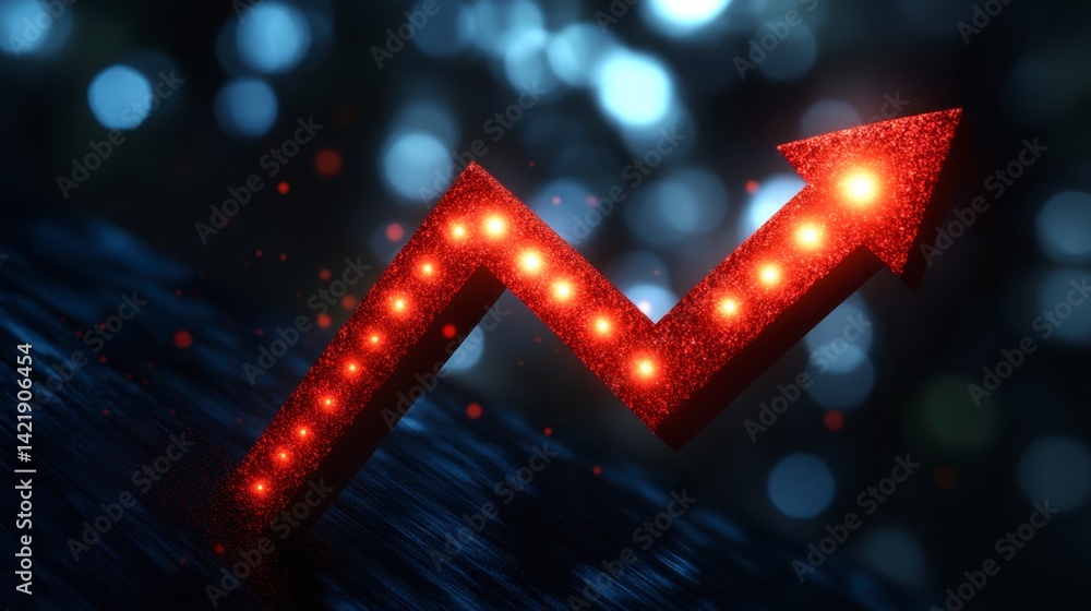 Poster glowing red arrow pointing upward on dark background with bokeh lights, representing growth and prog