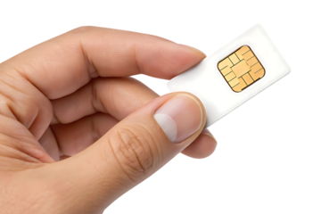 Hand holding sim card for mobile phone on transparent background
