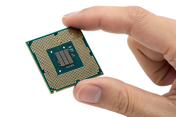 Close-up of a hand holding a computer cpu processor on transparent background