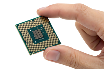 Close-up of a hand holding a computer cpu processor on transparent background