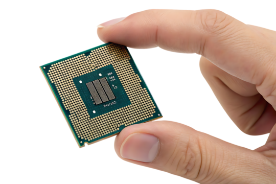 Close-up of a hand holding a computer cpu processor on transparent background - Powered by Adobe