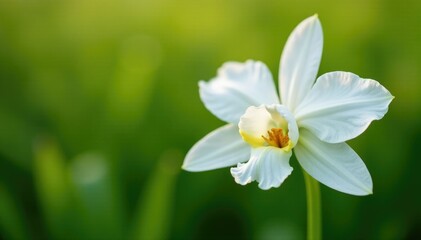 High angle shot of white orchid with wavy petal in field, meadow, high angle, wildflowers