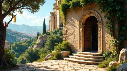 Fototapeta premium Stone Steps Leading to an Ornate Doorway with a Picturesque Mountain View
