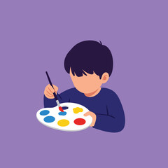 Child painting with brush and colorful palette on purple background vector illustration