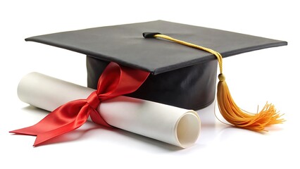 Graduation Cap and Diploma isolated on white background