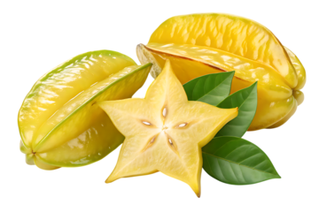 Fresh star fruit carambola with green leaves on transparent background