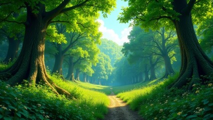 Fototapeta premium Sunlit Path Through Lush Green Forest with Majestic Trees and Vibrant Undergrowth