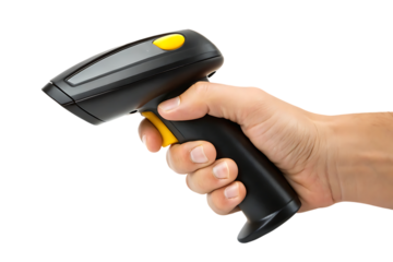 Hand holding barcode scanner for retail or warehouse use on transparent background