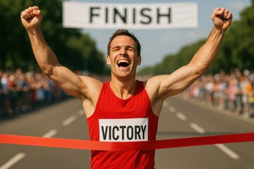 A jubilant runner crosses the finish line, celebrating victory with outstretched arms. The atmosphere is electric, filled with joy and accomplishment after a challenging race.