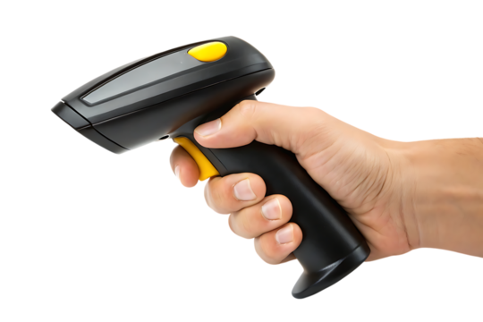 Hand holding barcode scanner for retail or warehouse use on transparent background