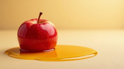 A vibrant red apple rests in a pool of golden liquid, a still life of sweetness and simple elegance.