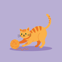 Fototapeta premium Orange tabby cat playing with wool ball on purple background vector illustration 
