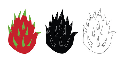 Fototapeta premium Stylized dragon fruit illustrations in red, black, and line art. Perfect for design projects.