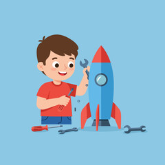 Boy building blue and red rocket with tools vector illustration in playful educational setting 